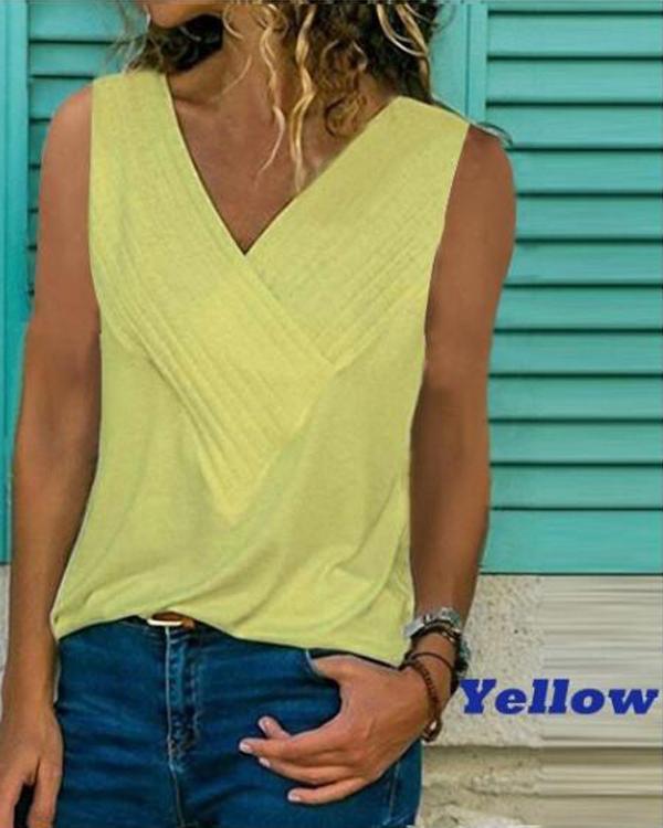 Plus Size Causal Solid Color Sleeveless V Neck Shirts Tops - veooy