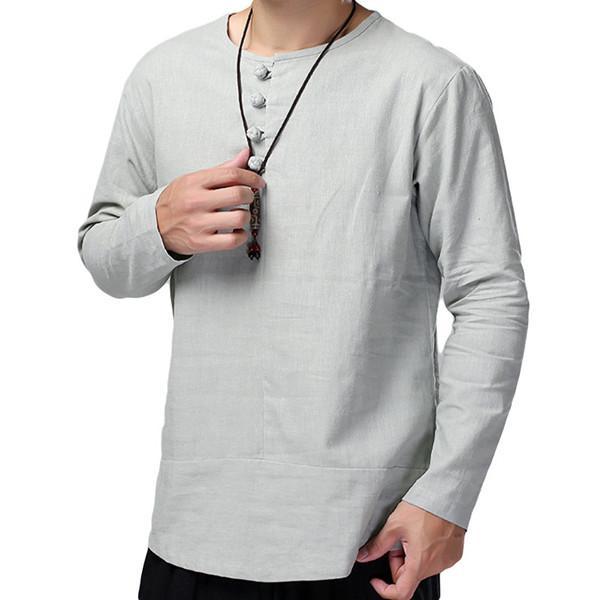 Men's Vintage Cotton Button Collar Solid Color Long Sleeve T-shirt - veooy