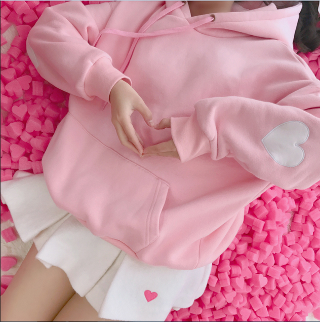 Pink/White color cute heart embroidery wool hoodie sweater #YYL-240