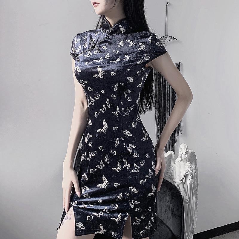 Butterfly Printed Retro Velvet Top&Cheongsam Dress