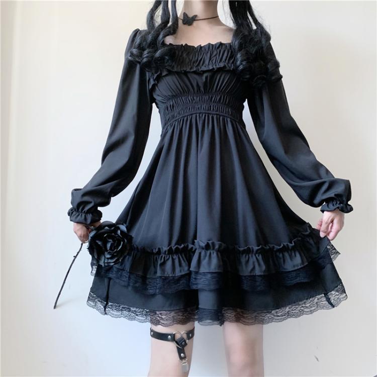 Japanese Lolita Style Women Princess Black Mini Dress Slash Neck High Waist Gothic Dress Puff Sleeve Lace Ruffles Party Dresses-veooy