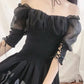 Off Shoulder Black Waisted Mini Dress