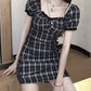 French Puff Sleeves Plaid Dress