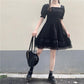 Japanese Lolita Style Women Princess Black Mini Dress Slash Neck High Waist Gothic Dress Puff Sleeve Lace Ruffles Party Dresses-veooy