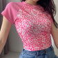 Heart Embroidery Patchwork Crop T shirt-veooy - Veooy