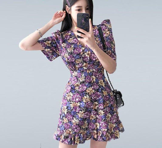 Korean Style Floral Shirt Dress-veooy