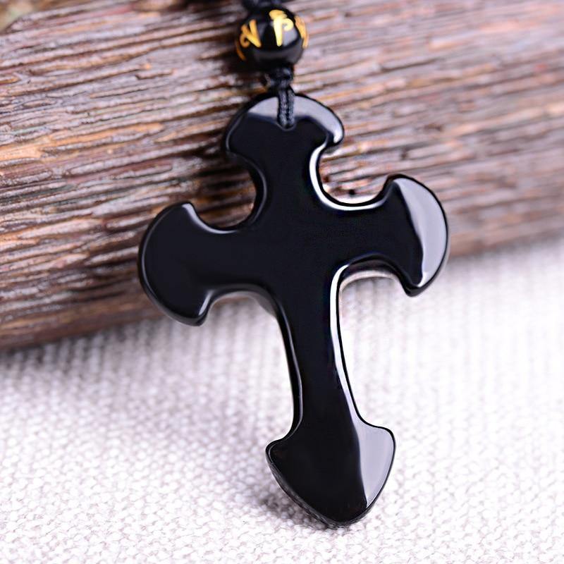 Carved Obsidian Cross Necklace - Veooy