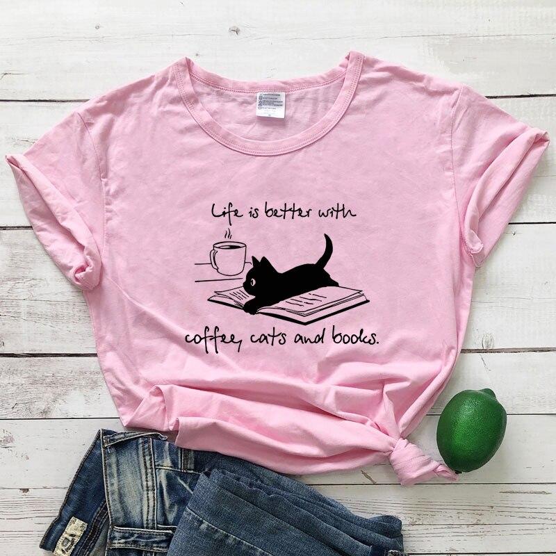 Life Is Better With Coffee Cats And Books T-shirt-veooy