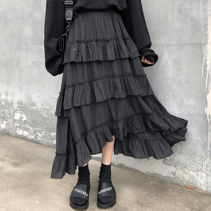 Irregular Ruffle Y2K Black Skirt-veooy