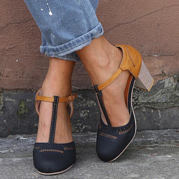 Women Vintage Color Block Sandals Casual Chunky Heel Buckle Shoes
