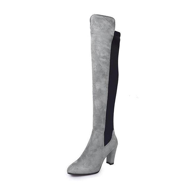 Prettyava Women Elegant Color Block Slip-On Chunky Heel Wide Calf Boots