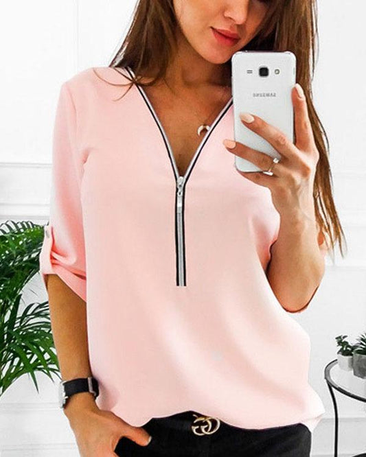 V-neck Zipper Long Sleeve Solid Color Plus Size#Women Tops - veooy