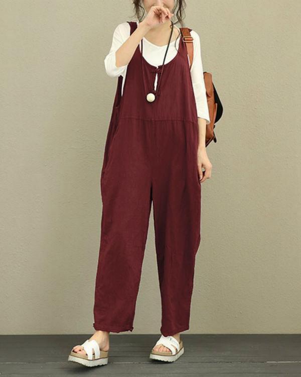 Vintage Pure Color Frog Button Loose Women Sleeveless Jumpsuits - veooy