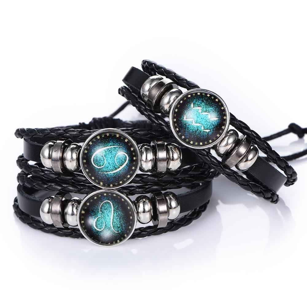 Glow In The Dark Leather Zodiac Sign Bracelets - Veooy