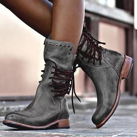 Lace Up Beaded Mid Calf Boots