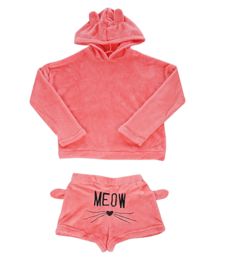 Cute Cat Meow Coral Velvet Two Piece Pajamas S12964 - Veooy