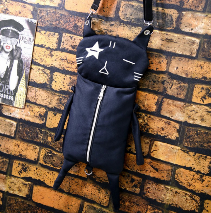 Black Kawaii Cat Canvas Shoulder Bag - Veooy