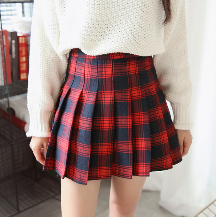 Red Grid Pleated Skirts