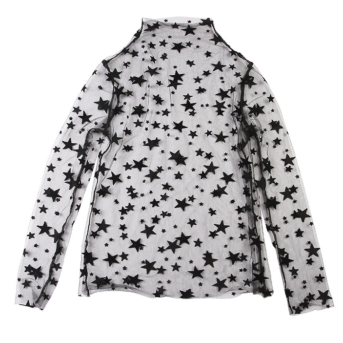 Black Mesh Star Long Sleeved Cropped Top (S-L) - Veooy
