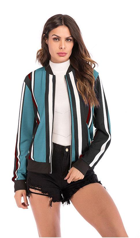 Stripe Front Zipper Coat