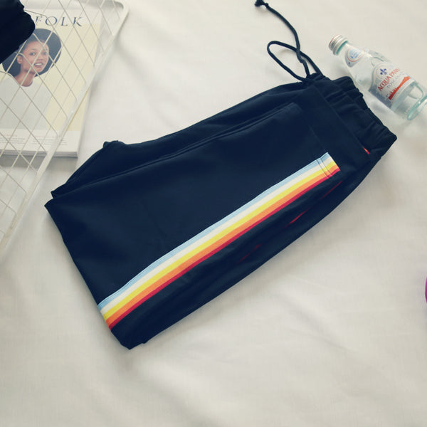 Harajuku retro style Rainbow Stripe black Sport Pants - Veooy