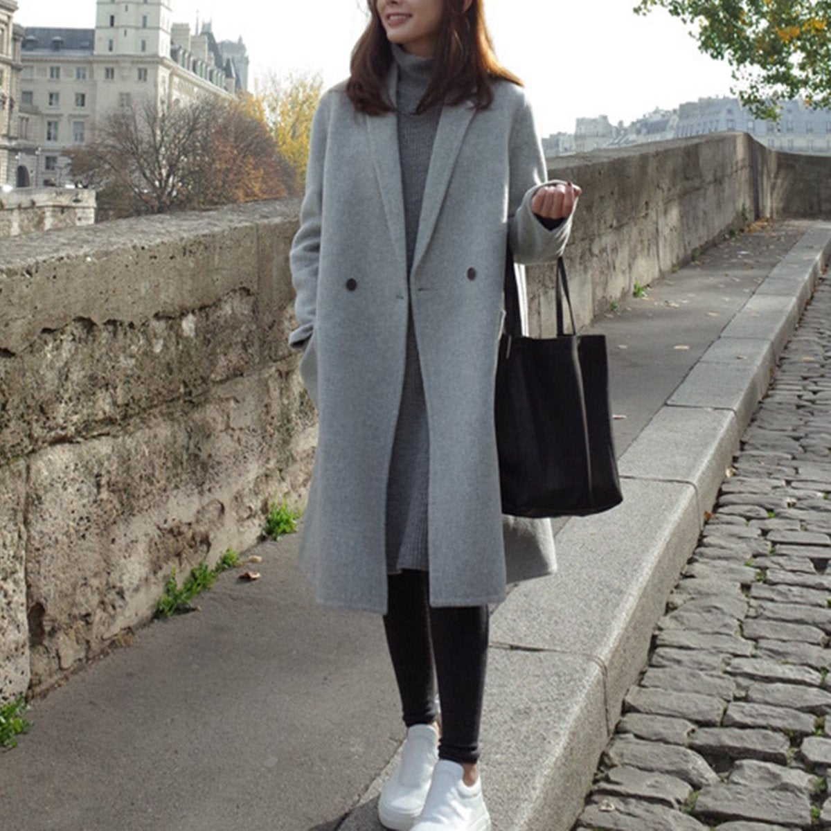 Fashion Plain Straight Cashmere Coat Outerwear - Veooy