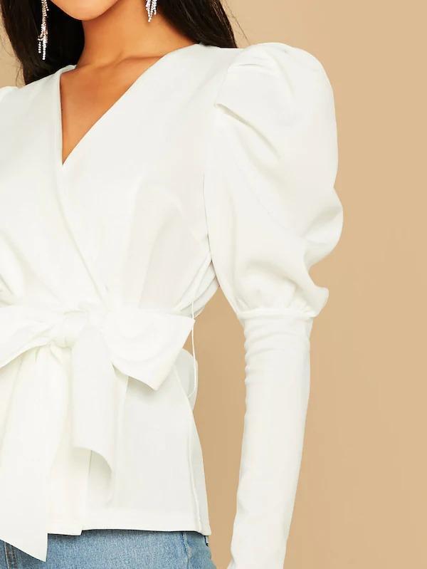 Wrap Belted Leg-Of-Mutton Sleeve Top