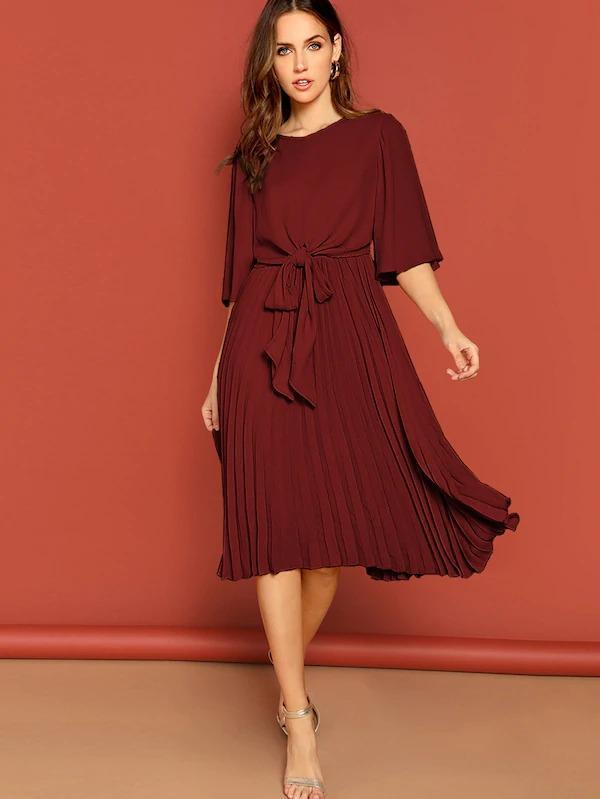 Zip Back Knot Front Pleated Dress
