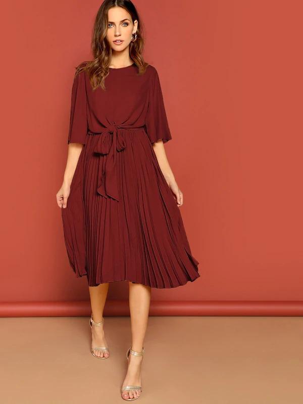 Zip Back Knot Front Pleated Dress