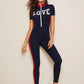 Zip Front Letter Graphic Color Block Fitted Jumpsuit