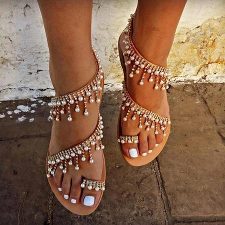 Women Bohemian Style Sandals Casual Beach Pearls Shoes *