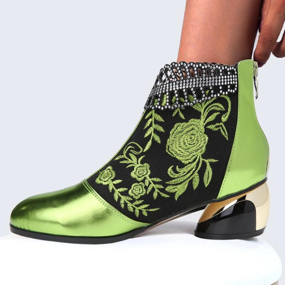 *Comfy Soft Leather Embroidered Flowers Rhinestone Chunky Heel Summer Boots - Veooy