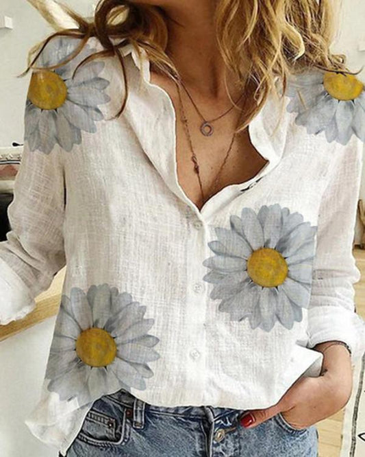 Cotton Irregular Daisy Print Shirt - Veooy