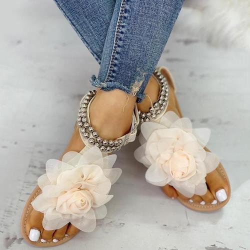 Mesh Floral Embellished Beaded Flat Sandals *