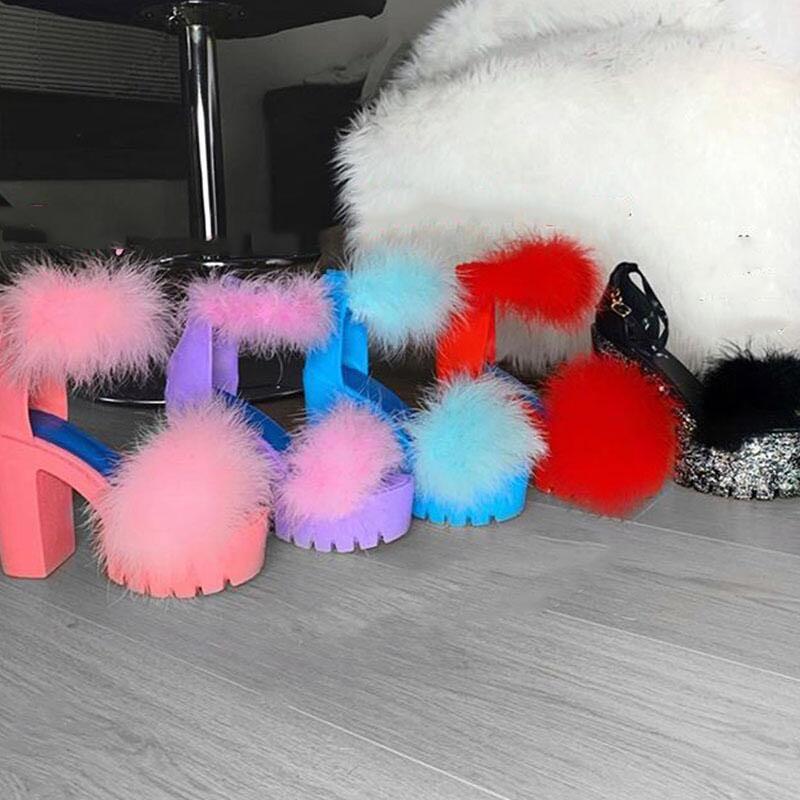 Women Sexy Fur Chunky Snadals *