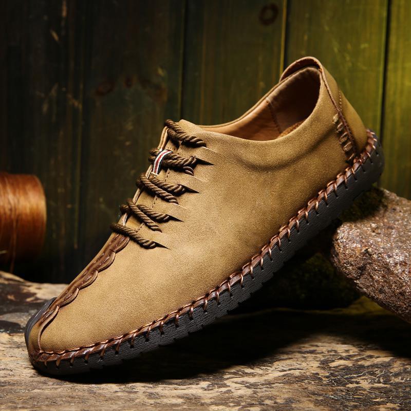 Men British Style Retro Stiching Soft Sole Lace Up Flat Cap-toe Shoes - veooy