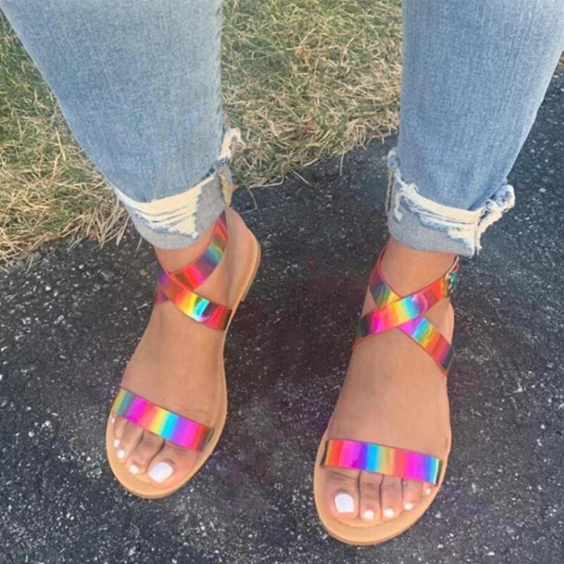 Women Daily Sexy Rainbow Buckle Strap Flat Heel Sandals .*