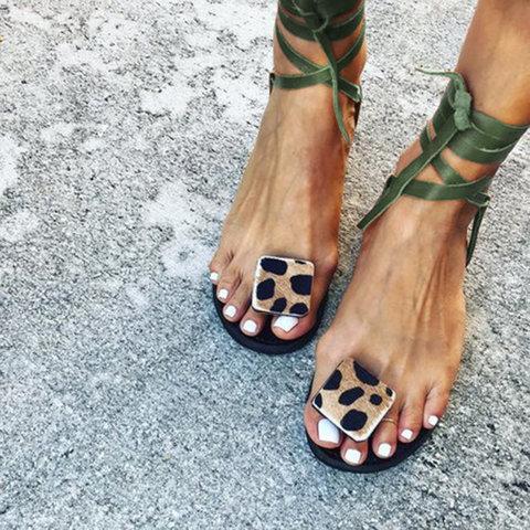 *Women Lace Up Leopard Sandals - Veooy