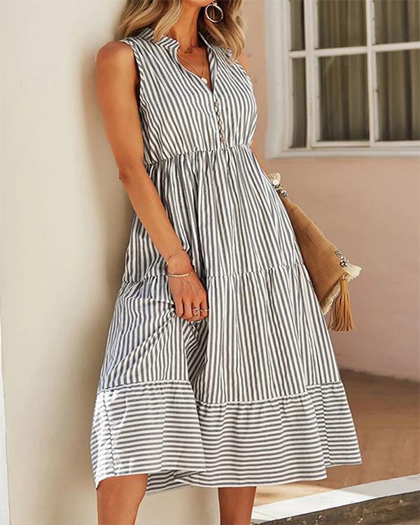 Stripe Print V-neck Button Sleeveless Casual Dress For Women