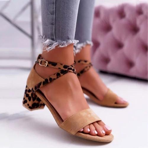 *Chunky Heel Artificial Suede Adjustable Buckle Leopard Sandals - Veooy