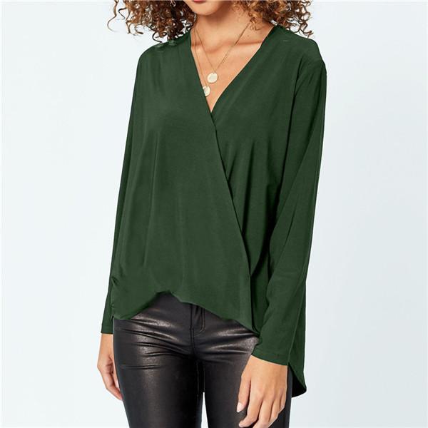 Solid Casual V-Neckline Long Sleeve Blouses