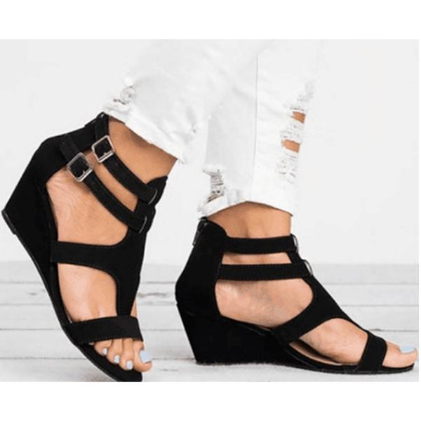 *Women Large Size PU Fashion Wedge Adjustable Buckle Hollow Out Sandals - Veooy