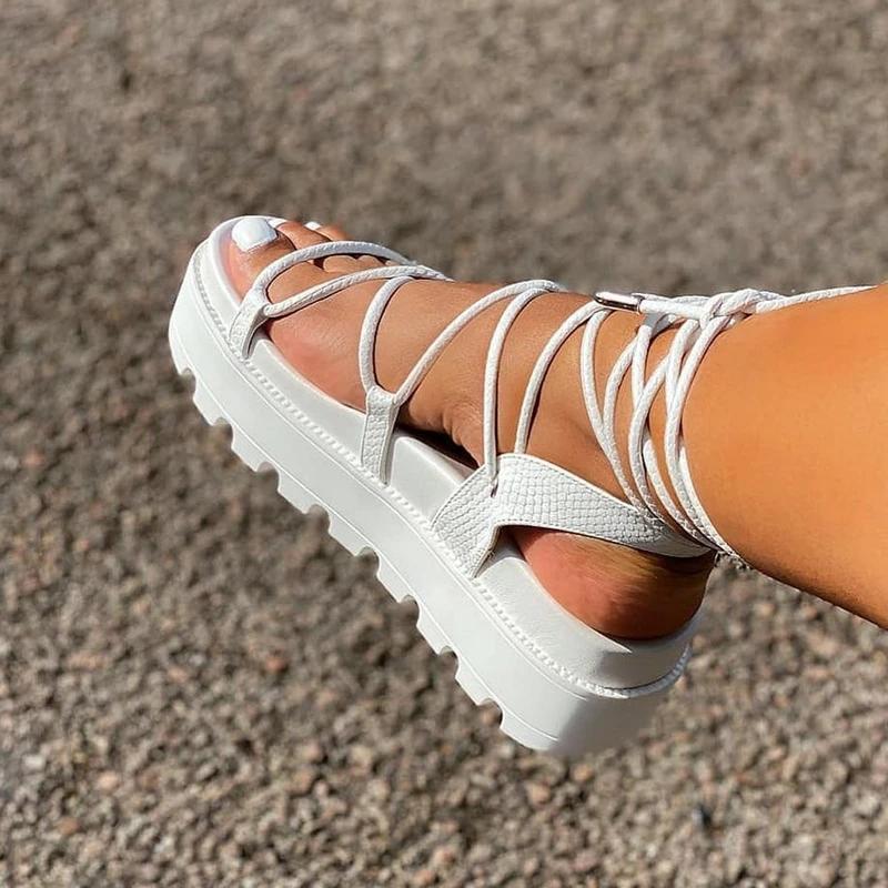 Open Toe Lace-Up Strappy Plain High Shaft Sandals *