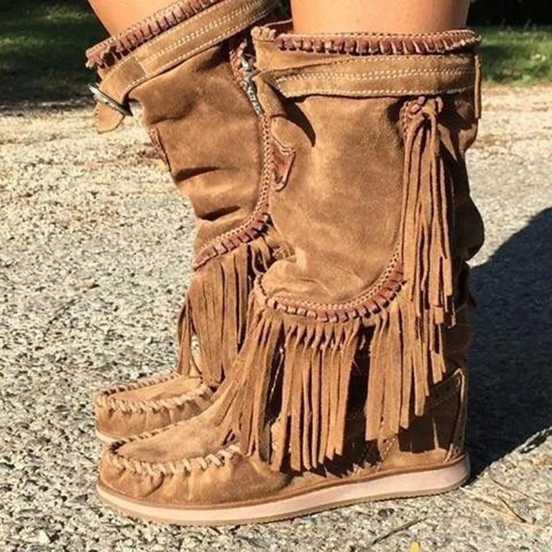 Brown Winter Suede Tassel Low Heel Boots - Veooy
