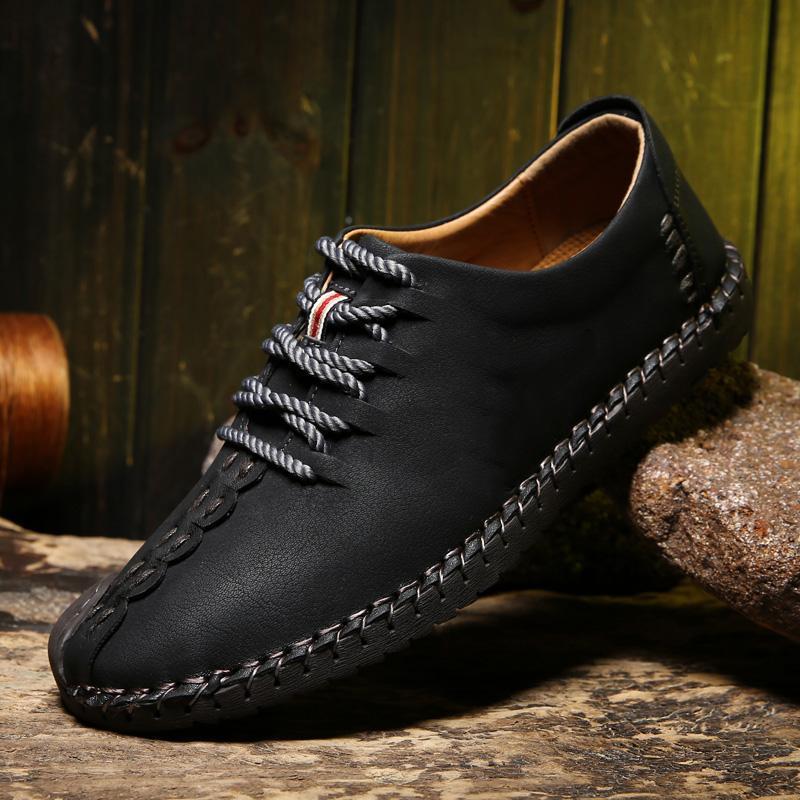 Men British Style Retro Stiching Soft Sole Lace Up Flat Cap-toe Shoes - veooy
