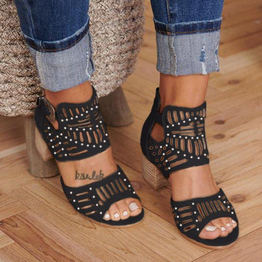 Women Cut-out Slip-on Stylish Mid Heel Sandals Shoes *