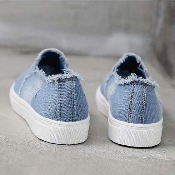 Big Size Washed Denim Loafers Flats Canvas Shoes Women Casual Slip on - Veooy