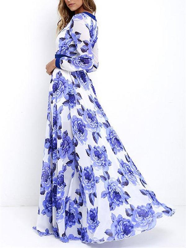 Floral Printed Deep V-neck Long Sleeves Maxi Dress - Veooy