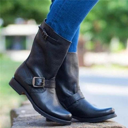 *Adjustable Buckle Ankle Boots Block Heel Riding Boots - Veooy