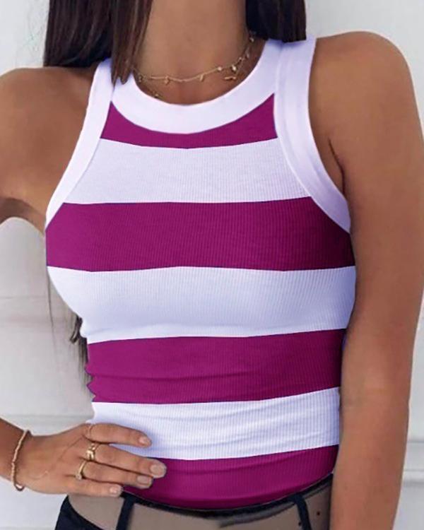 Chic Girls Color Block Striped Sleeveless Round Neck Slim Fit Tank Top - Veooy